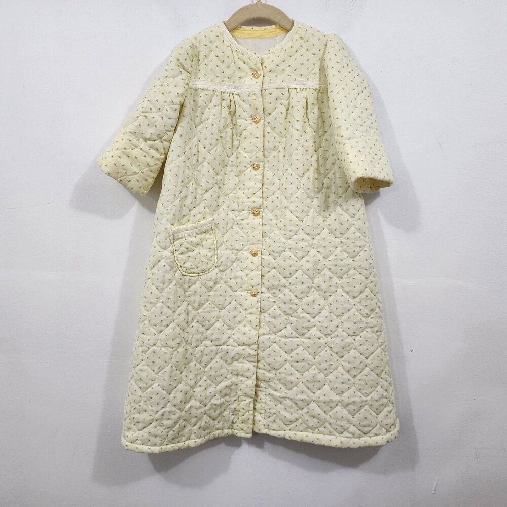 Vintage Baby Toddler Girls Handmade Housecoat Yellow Floral Quilted Button-Front